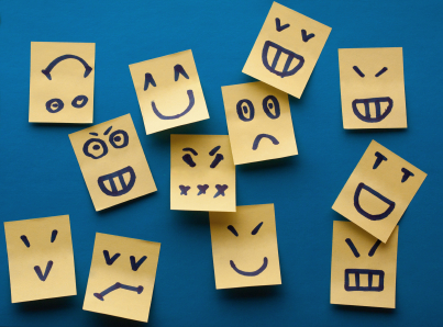 Smilies yellow stickers on blue background perfect feelings